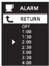 ALARM RETURN OFF 1:00 1:30 2:00 2:30 3:00 3:30 4:00