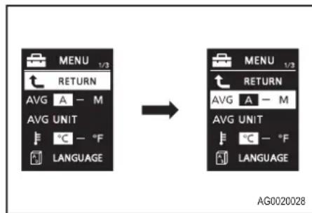 MENU 1/3 RETURN AVG A - M AVG UNIT °C - °F LANGUAGE MENU 1/3 RETURN AVG A - M AVG UNIT °C - °F LANGUAGE AG0020028