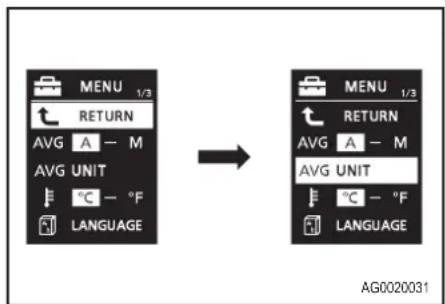 MENU 1/3 RETURN AVG A - M AVG UNIT °C - °F LANGUAGE MENU 1/3 RETURN AVG A - M AVG UNIT °C - °F LANGUAGE AG0020031