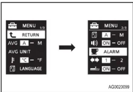 MENU 1/3 RETURN AVG A - M AVG UNIT °C - °F LANGUAGE → MENU 2/3 A - M ON - OFF ALARM 1 - 2 ON - OFF AG0020099