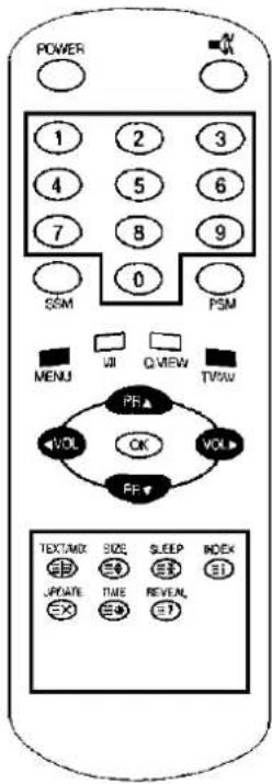 POWER 1 2 3 4 5 6 7 8 9 SSM 0 PSM MENU UI Q VIEW TVW PF VOL OK VOL FF TEXT/MX SIZE SLEEP INDEX JPGATE TIME REVEAL E1
