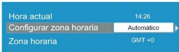Hora actual 14:26 Configurar zona horaria Automático Zona horaria GMT +0