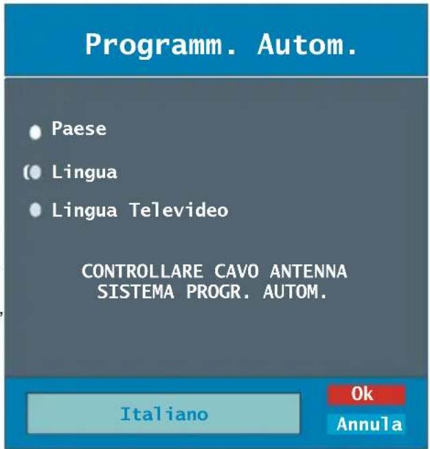 Programm. Autom. Paese Lingua Lingua Televideo CONTROLLARE CAVO ANTENNA SISTEMA PROGR. AUTOM. Italiano Ok Annula