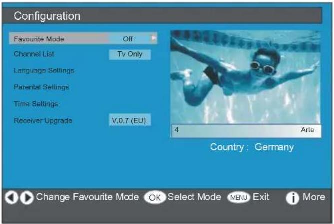 Configuration Favourite Mode Off Channel List Tv Only Language Settings Parental Settings Time Settings Receiver Upgrade V.0.7 (EU) 4 Arte Country: Germany Change Favourite Mode OK Select Mode Mali Exit 更