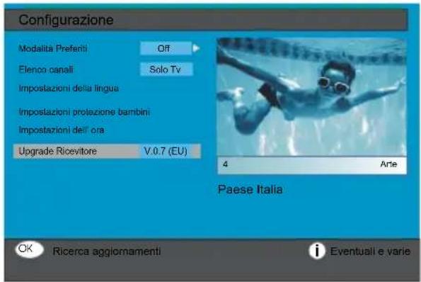 Configurazione Modalità Prefenti Off Elenco canali Solo Tv Impostazioni della lingua Impostazioni protezione bambini Impostazioni dell'ora Upgrade Ricevitore V.0.7 (EU) 4 Ante Paese Italia OK Ricerca aggiornamenti Eventuali e varie