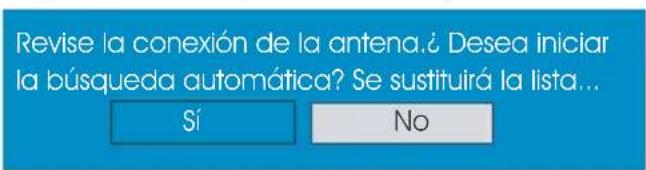Revise la conexión de la antena ¿ Desea iniciar la búsqueda automática? Se sustituirá la lista... Sí No