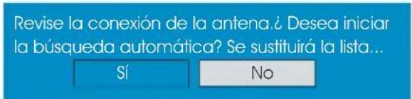 Revise la conexión de la antena. ¿ Desea iniciar la búsqueda automática? Se sustituirá la lista... Sí No