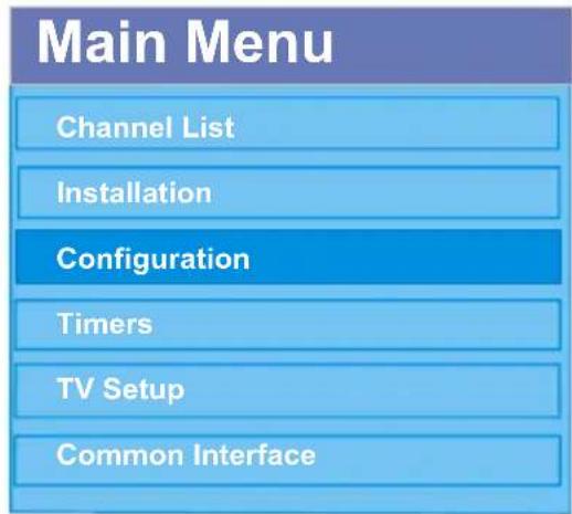 Main Menu Channel List Installation Configuration Timers TV Setup Common Interface