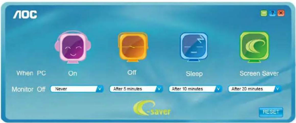 AOC When PC On Off Sleep Screen Saver Monitor Off Never After 5 minutes After 10 minutes After 20 minutes C-saver RESET