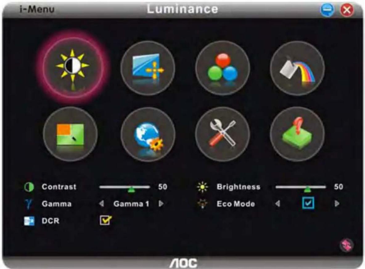 i-Menu Luminance Contrast 50 Brightness 50 Gamma Gamma 1 Eco Mode DCR AOC