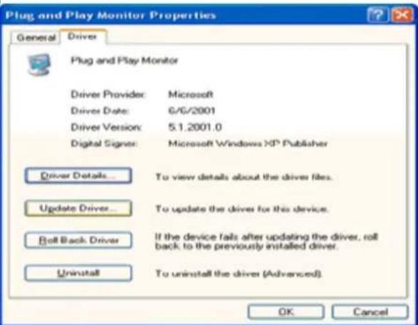 Plug and Play Monitor Properties General Driver Plug and Play Monitor Driver Provider: Microsoft Driver Date: 6/6/2001 Driver Version: 5.1.2001.0 Digital Signer: Microsoft Windows XP Publisher Driver Details... To view details about the driver files. Update Driver... To update the driver for this device. Roll Back Driver If the device fails after updating the driver, roll back to the previously installed driver. Uninstall To uninstall the driver (Advanced). OK Cancel