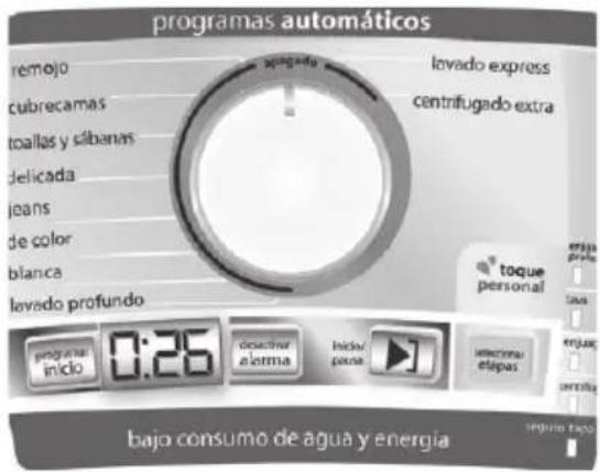 programas automáticos remojo cubrecamas toallas y síbanas delicada jeans de color blanca lavado profundo lovado express centrifugado extra toque personal 0:26 deliverar alerma Inclav para señonar elépas bajo consumo de agua y energía