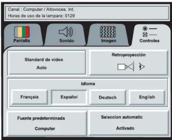 Canal : Computer / Altovoces. Int. Horas de uso de la lampara: 0129 Pantalla Sonido Imagen Controles Standard de video Auto Retroproyección Idioma Français Español Deutsch English Fuente predeterminada Computer Selección automatic Activado