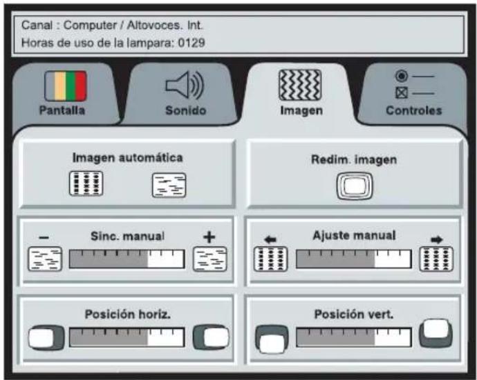 Canal : Computer / Altovoces. Int. Horas de uso de la lampara: 0129 Pantalla Sonido Imagen Controles Imagen automática Redim. imagen - Sinc. manual + Ajuste manual Posición horiz. Posición vert.
