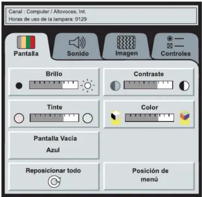 Canal : Computer / Altovoces, Int. Horas de uso de la lampara: 0129 Pantalla Sonido Imagen Controles Brillo Contraste Tinte Color Pantalla Vacía Azul Reposicionar todo Posición de menú