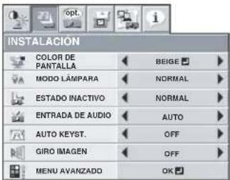 INSTALACION COLOR DE PANTALLA MODO LÁMPARA ESTADO INACTIVO ENTRADA DE AUDIO AUTO KEYST. GIRO IMAGEN MENU AVANZADO BEIGE NORMAL NORMAL AUTO OFF OFF OK