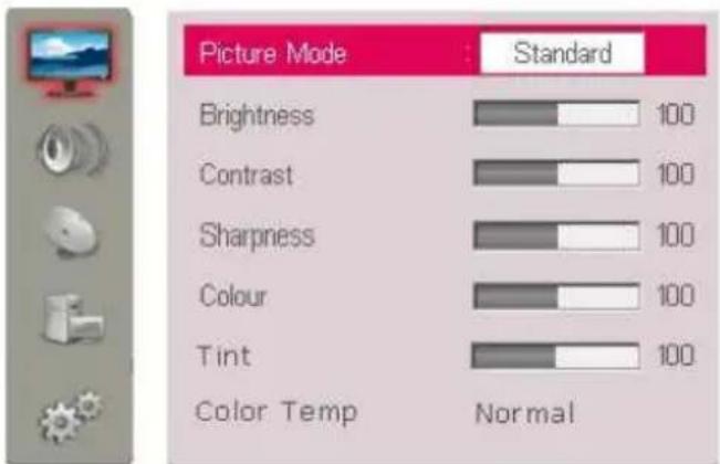 Picture Mode Standard Brightness 100 Contrast 100 Sharpness 100 Colour 100 Tint 100 Color Temp Normal