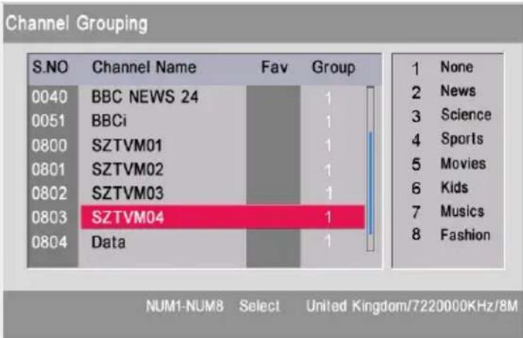 Channel Grouping S.NO Channel Name Fav Group 0040 BBC NEWS 24 0051 BBCi 0800 SZTVM01 0801 SZTVM02 0802 SZTVM03 0803 SZTVM04 0804 Data 1 None 2 News 3 Science 4 Sports 5 Movies 6 Kids 7 Musics 8 Fashion NUM1-NUM8 Select United Kingdom/7220000KHz/8M