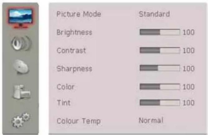 Picture Mode Brightness Contrast Sharpness Color Tint Colour Temp Standard 100 100 100 100 100 100 Normal