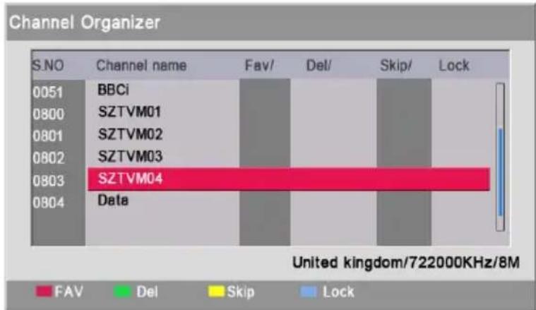 Channel Organizer S.NO Channel name Fav/ Del/ Skip/ Lock 0051 BBCi 0800 SZTVM01 0801 SZTVM02 0802 SZTVM03 0803 SZTVM04 0804 Data United kingdom/722000KHz/8M FAV Del Skip Lock
