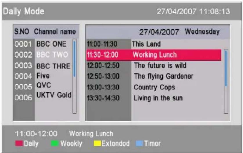 Daily Mode 27/04/2007 11:08:13 S.NO Channel name 0001 BBC ONE 0002 BBC TWO 0003 BBC THRE 0004 Five 0005 QVC 0006 UKTV Gold 27/04/2007 Wednesday 11:00-11:30 This Land 11:30-12:00 Working Lunch 12:00-12:50 The future is wild 12:50-13:00 The flying Gardener 13:00-13:30 Country Cops 13:30-14:30 Living in the sun 11:00-12:00 Working Lunch Daily Weekly Extended Timer