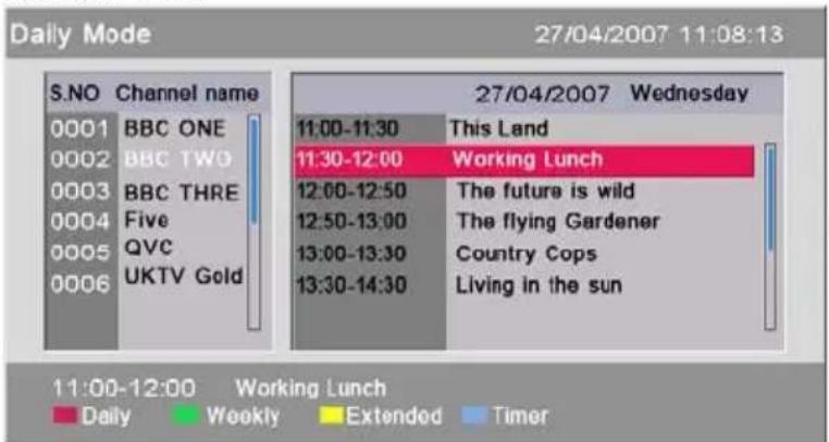 Daily Mode 27/04/2007 11:08:13 S.NO Channel name 0001 BBC ONE 0002 BBC TWO 0003 BBC THRE 0004 Five 0005 QVC 0006 UKTV Gold 27/04/2007 Wednesday 11:00-11:30 This Land 11:30-12:00 Working Lunch 12:00-12:50 The future is wild 12:50-13:00 The flying Gardener 13:00-13:30 Country Cops 13:30-14:30 Living in the sun 11:00-12:00 Working Lunch Daily Weekly Extended Timer