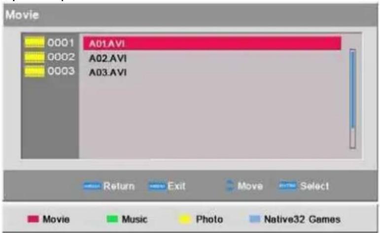 Movie 0001 A01.AVI 0002 A02.AVI 0003 A03.AVI Return Exit Move Select Movie Music Photo Native32 Games