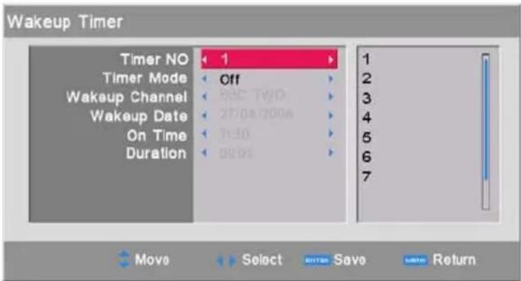 Wakeup Timer Timer NO 1 Timer Mode Off Wakeup Channel RBC TV/D 27/08/2008 On Time 7:30 Duration 09:01 1 2 3 4 5 6 7 Move Select Save Return
