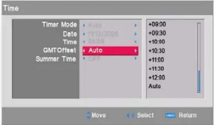 Time Timer Mode Auto Date TV13/2006 Time DB/EM GMTOffset Auto Summer Time OFF +09:00 +09:30 +10:00 +10:30 +11:00 +11:30 +12:00 Auto Move Select Return