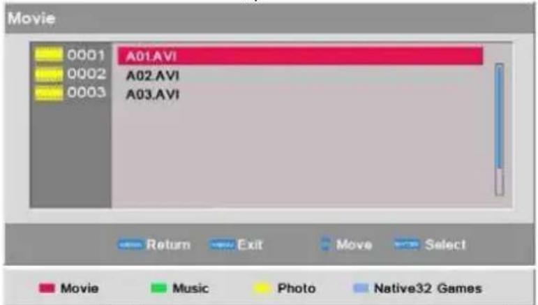 Movie 0001 A01.AVI 0002 A02.AVI 0003 A03.AVI Return Exit Move Select Movie Music Photo Native32 Games