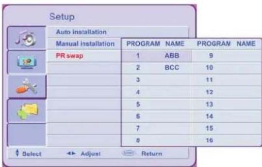 Setup Auto installation Manual installation PROGRAM NAME PROGRAM NAME PR swap 1 ABB 9 2 BCC 10 3 11 4 12 5 13 6 14 7 15 8 16 Select Adjust Return
