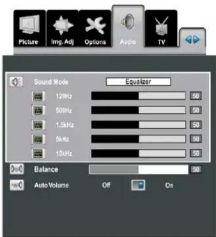 Picture Img.Adj Options Audio TV Sound Mode Equalizer 120Hz 500Hz 1.5kHz 5kHz 10kHz Balance Auto Volume Off On