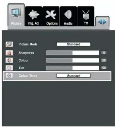 Picture Img. Adj Options Audie TV Picture Mode Standard Sharpness 5 Colour 50 Tint 50 Colour Temp Standard