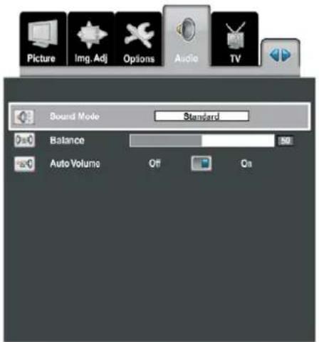 Picture Img. Adj Options Audio TV Sound Mode Standard Balance Auto Volume Off On
