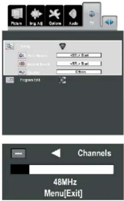 Picture Img Adj Options Audio TV Writing Audio (Audio) 48Hz > 5bit Audio (Audio) 48Hz > 5bit Country Other Program Exit Channels 48MHz Menu[Exit]