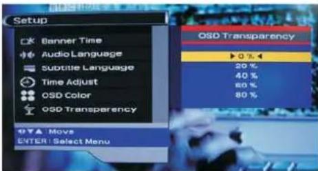 Setup Banner Time Audio Language Subtitle Language Time Adjust OSD Color OSD Transparency OVA: Moves ENTER: Select Menu OSD Transparency ▶ 0 % 20 % 40 % 60 % 80 %