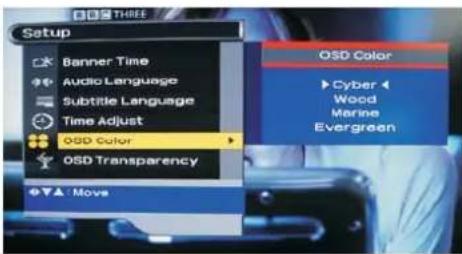 ODS THREE Setup Banner Time Audio Language Subtitle Language Time Adjust OSD Color OSD Transparency Move OSD Color Cyber Wood Marine Evergreen