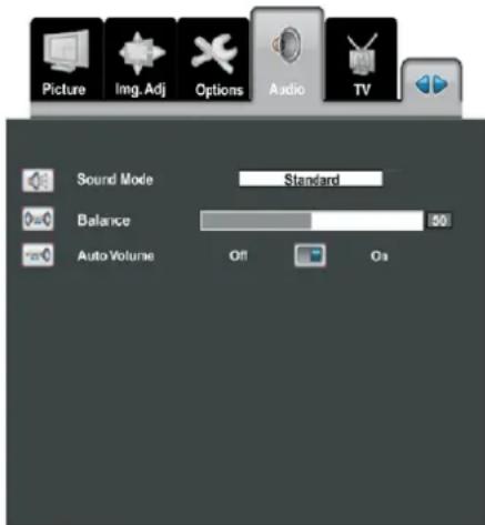 Picture Img. Adj Options Audio TV Sound Mode Standard Balance 50 Auto Volume Off On