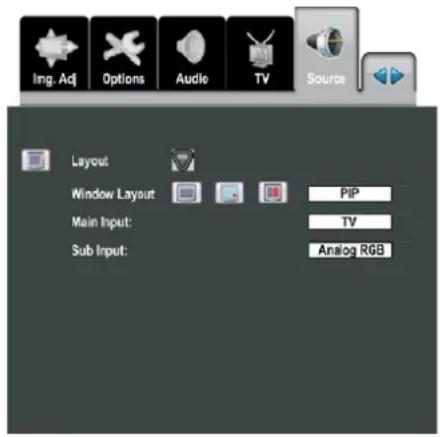 Img. Acj Options Audie TV Source Layout Window Layout PiP Main Input: TV Sub Input: Analog RGB