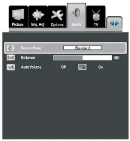 Picture Img. Adj Options Audio TV Sound Mode Standard Balance Auto Volume Off Qa