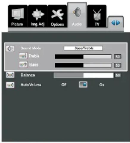 Picture Img.Adj Options Audio TV Sound Mode Bass/Treble Treble 50 Bass 50 Balance 50 Auto Volume Off Os