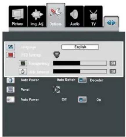 Picture Img. Adj Options Audio TV Language English 3D Settings Transparency 50 USB Tiresuit 10 Auto Power Auto Switch Decoder Panel Auto Power Off On