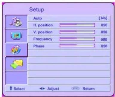 Setup Auto [ No] H. position 050 V. position 050 Frequency 050 Phase 050 Select Adjust Return