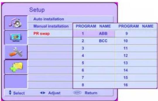 Setup Auto installation Manual installation PROGRAM NAME PROGRAM NAME PR swap 1 ABB 9 2 BCC 10 3 11 4 12 5 13 6 14 7 15 8 16 Select Adjust Return