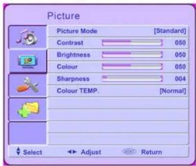 Picture Picture Mode [Standard] Contrast 050 Brightness 050 Colour 050 Sharpness 004 Colour TEMP. [Normal] Select Adjust Return