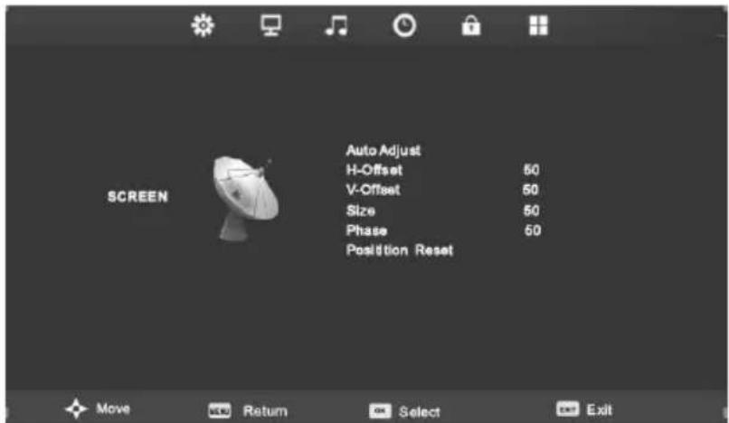 Screen Auto Adjust H-Offset 50 V-Offset 50 Size 50 Phase 50 Position Reset
