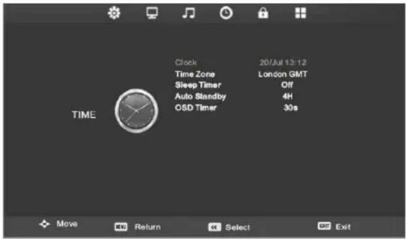 Clock 20/Jul 13:12 Time Zone London GMT Sleep Timer Off Auto Standby 4H OSD Timer 30s TIME
