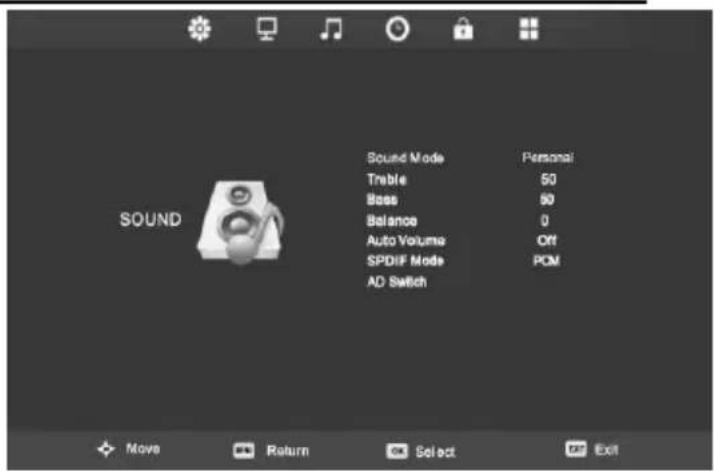 Sound Mode Treble Boss Balance Auto Volume SPDIF Mode AD Switch Personal 50 50 0 Off PCM Move Return Select Exit
