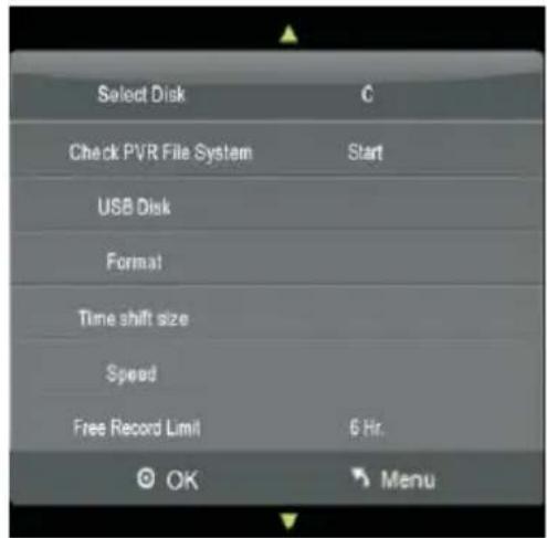 Select Disk Check PVR File System USB Disk Format Time shift size Speed Free Record Limit 6 Hr. OK Menu
