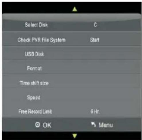 Select Disk C Check PVR File System Start USB Disk Format Time shift size Speed Free Record Limit 6 Hr. OK Menu